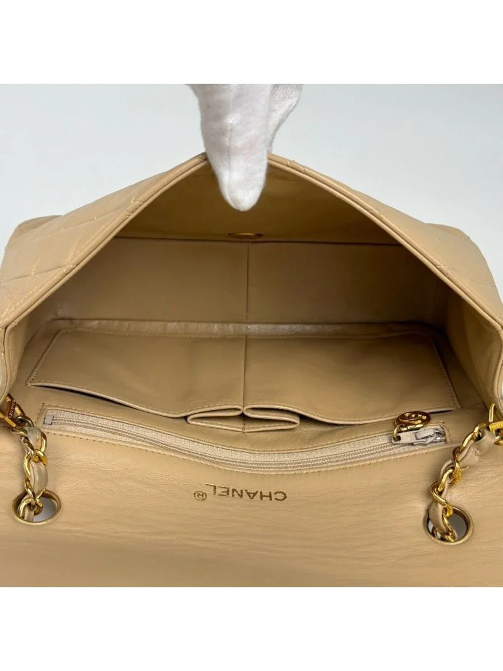 Chanel Quilted Shoulder Bag CC Logo Single Flap Leather Beige
